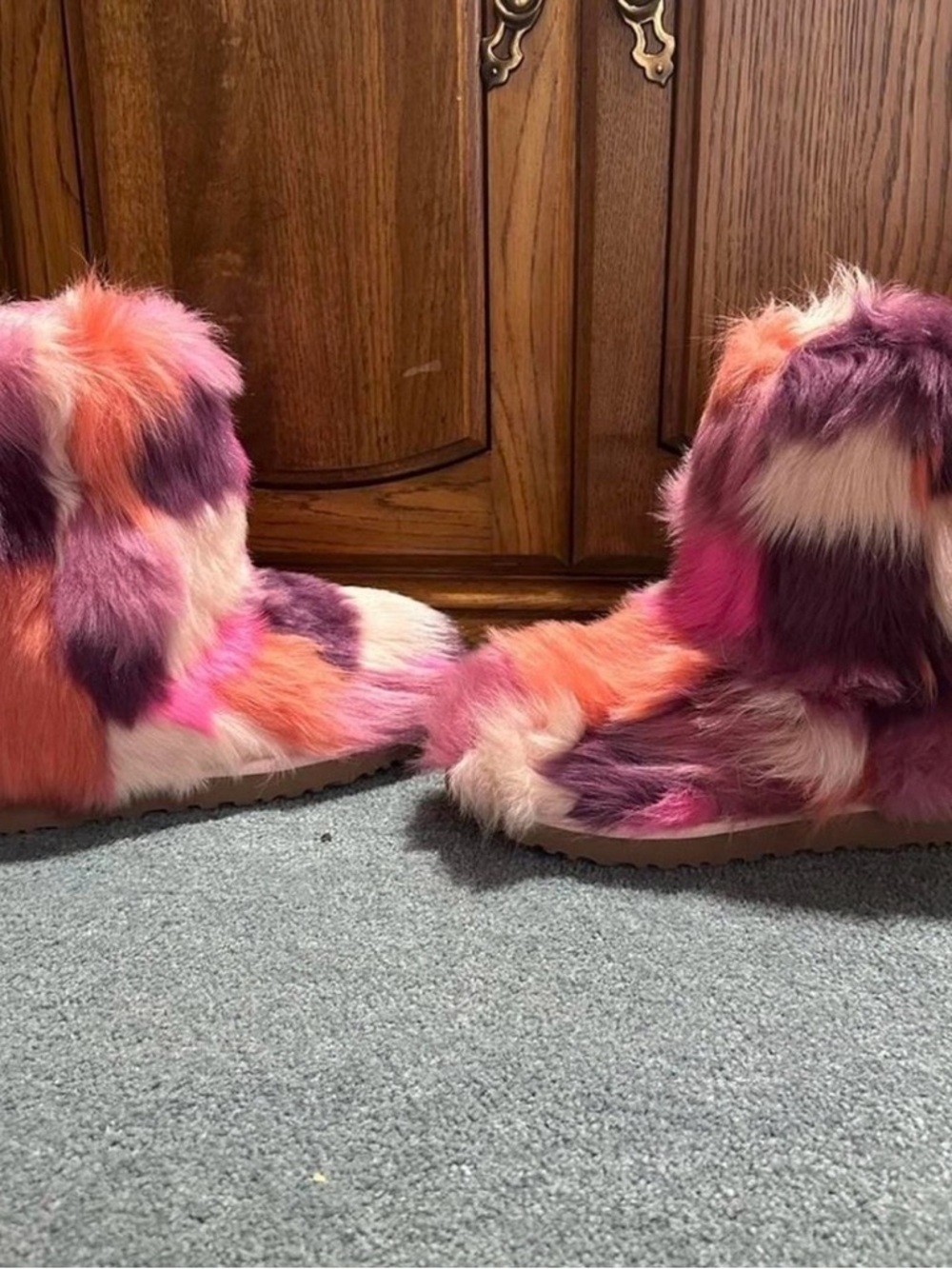 UGG Multicolor Faux Fur Booties - Pink, Purple & Cream